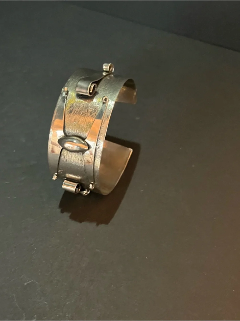 Silvertone Modernist industrial cuff bracelet Sculptural Steampunk